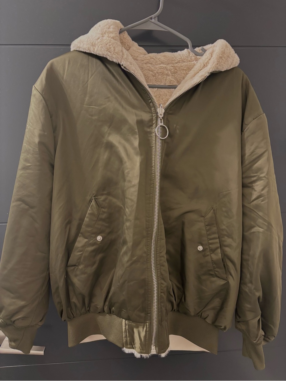 Olive Green Faux Fur Reversible Bomber Jacket